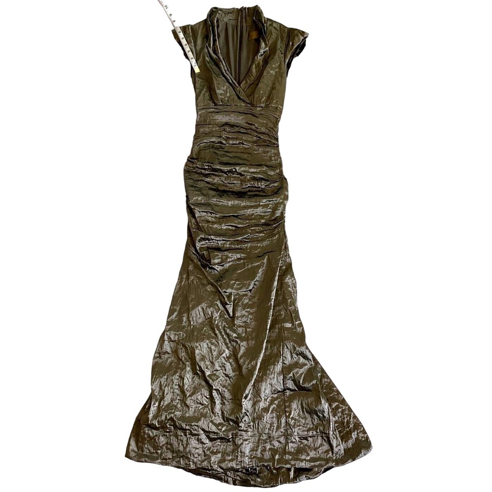 Nicole Miller Evening Gown Womens 2 Bronze Ruched Metallic Portrait Collar - Picture 13 of 16
